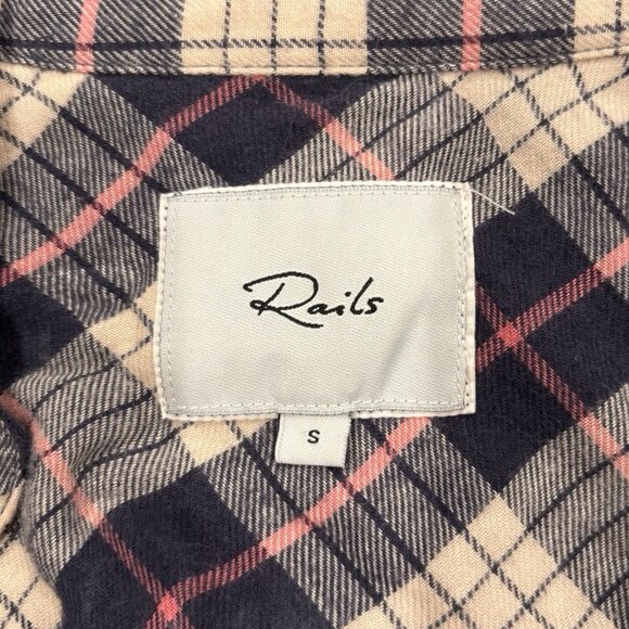 Rails Willow Plaid Shirt Small | Almond Pink Navy | Ruffle Shoulder Fall Button - Picture 4 of 6